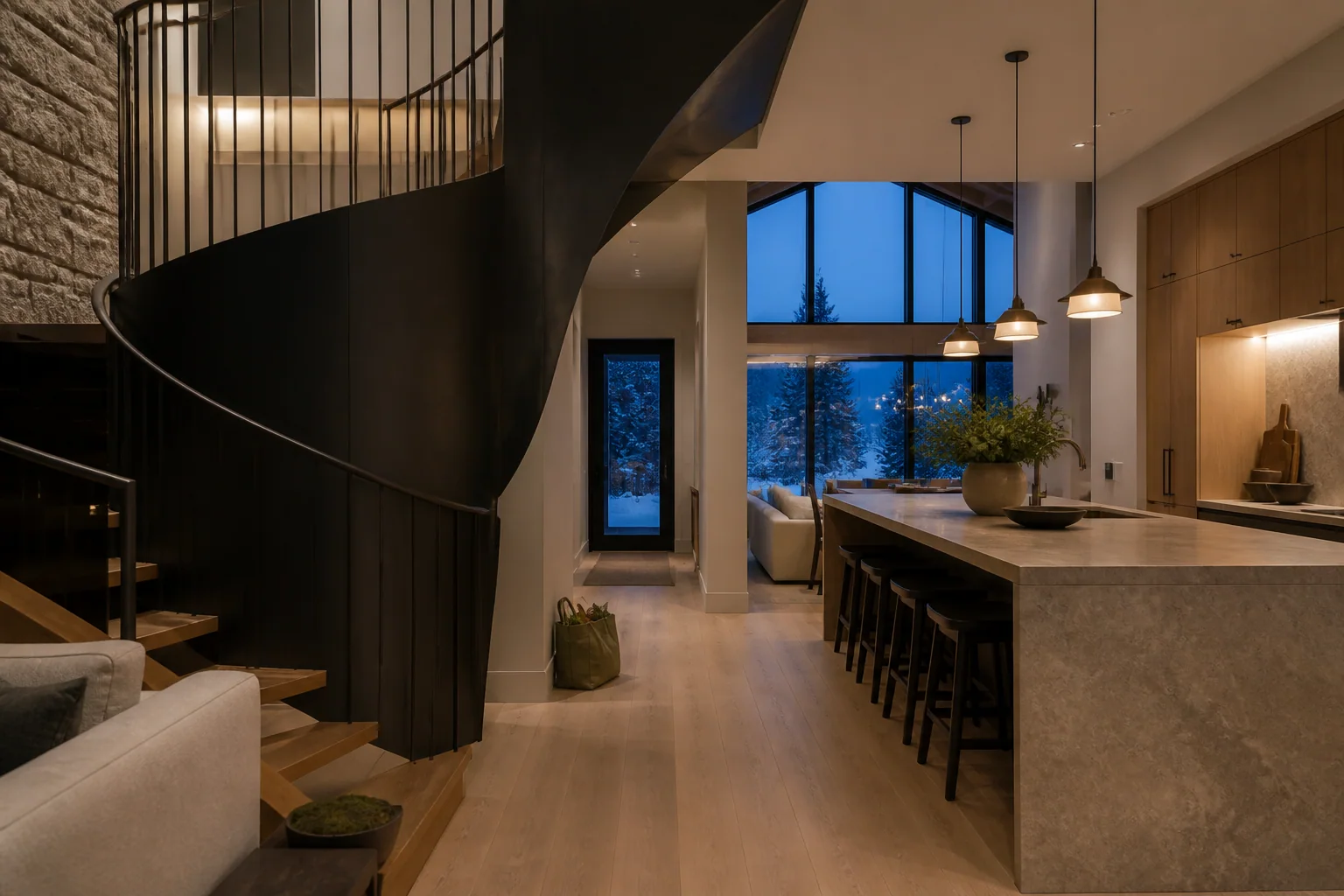 Beautiful Calgary custom home interior with a narrow circulation route between the staircase and kitchen island