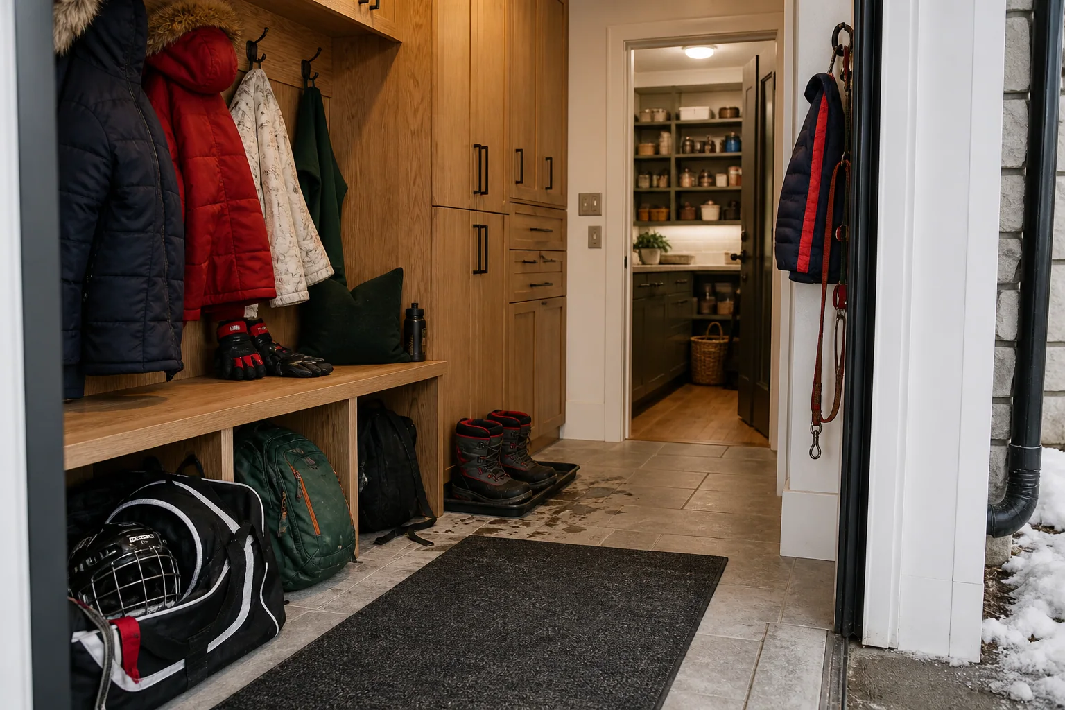Calgary family mudroom with winter coats, boots, backpacks, hockey equipment, lockers, and pantry access