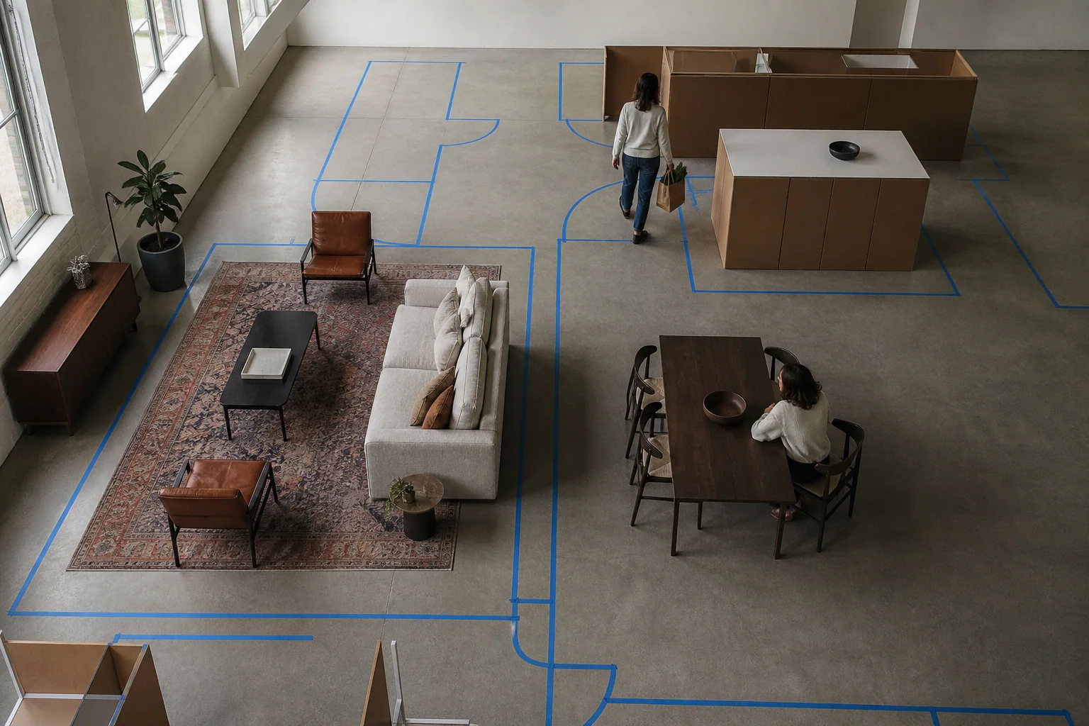 Designer and homeowner testing furniture, kitchen clearances, and walking routes in a full-scale floor plan mock-up