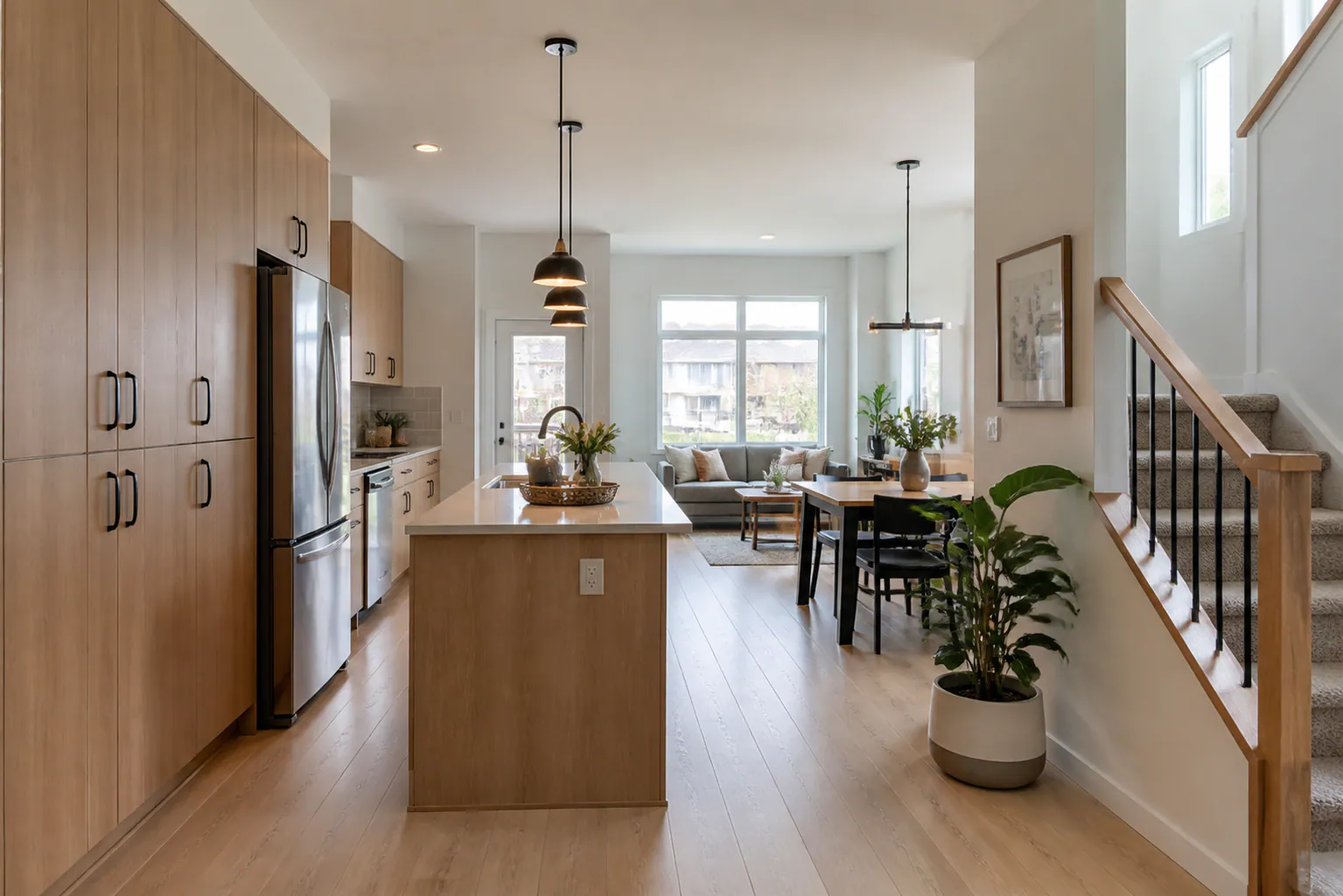 Bright and practical Calgary fourplex interior with pantry storage and front-to-rear daylight
