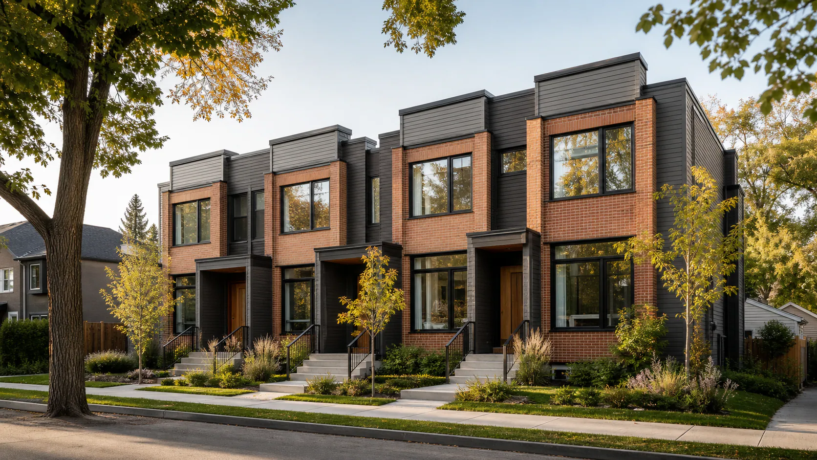 Contemporary Calgary fourplex with four clear entrances and landscaped street frontage