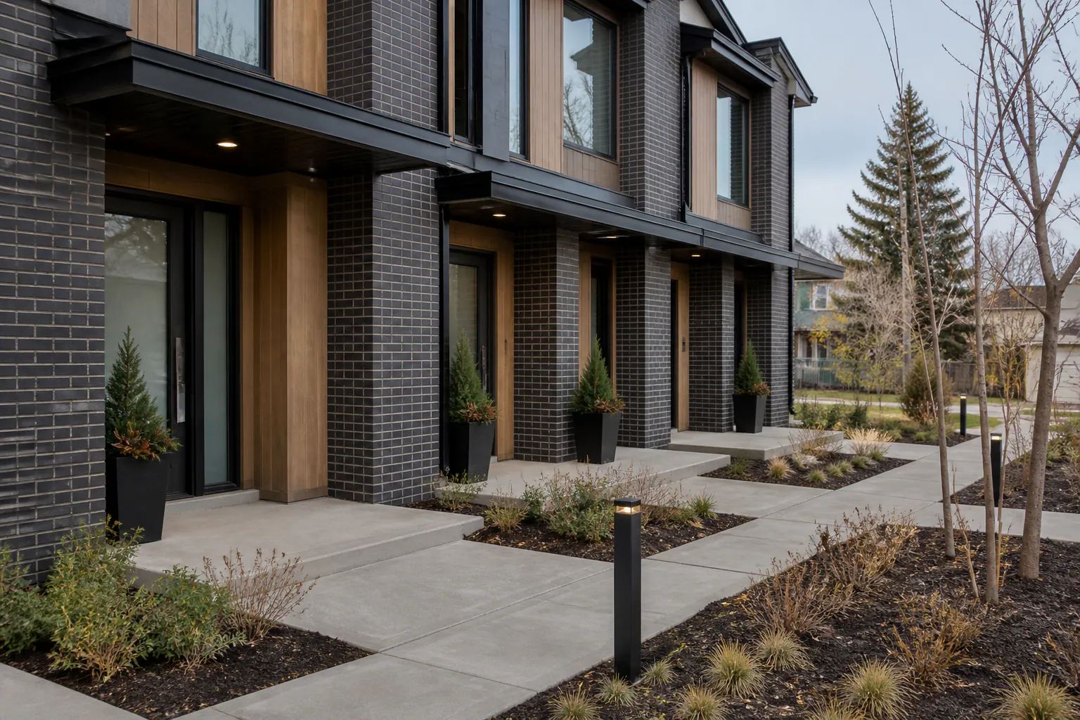 Landscaped Calgary fourplex approach with distinct sheltered entrances and clear walkways