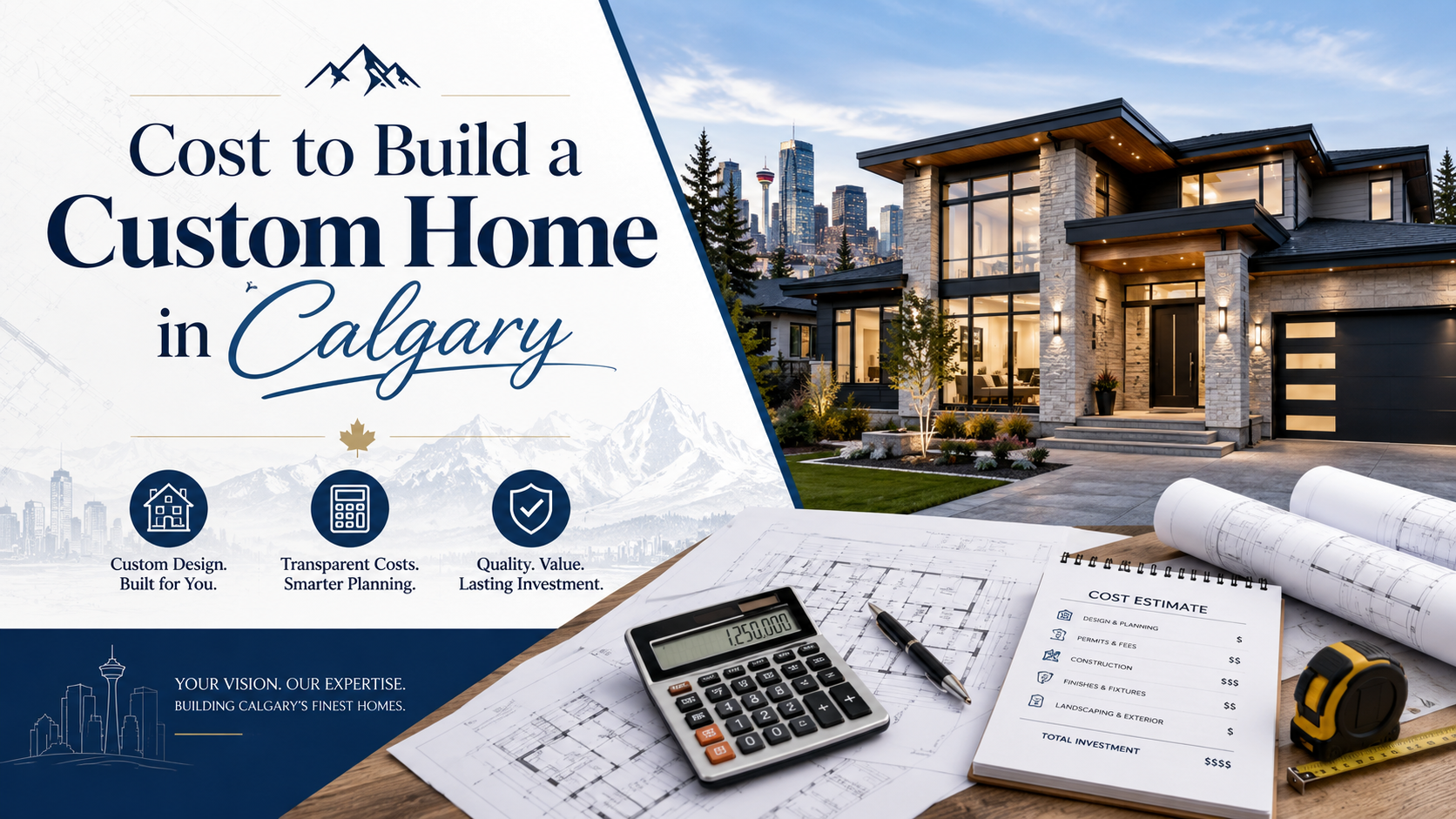 Cost to build a custom home in Calgary article cover showing a luxury home, plans, and cost estimate materials.