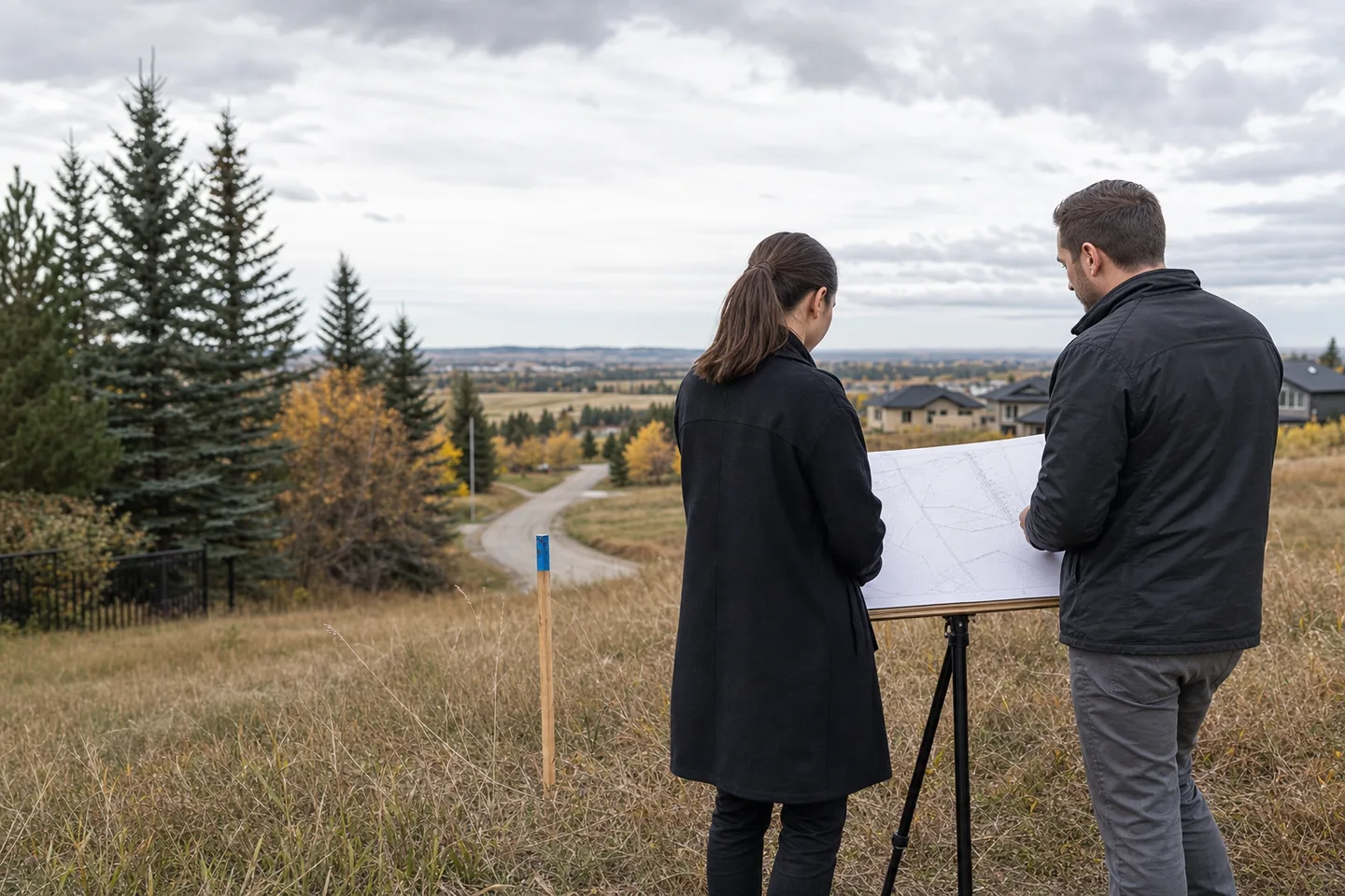 Residential designer and homeowner reviewing a survey on a sloped Calgary-area lot