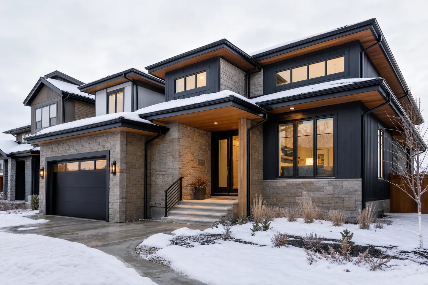 Calgary custom home exterior with a protected entry, durable cladding, roof drainage, and winter snow