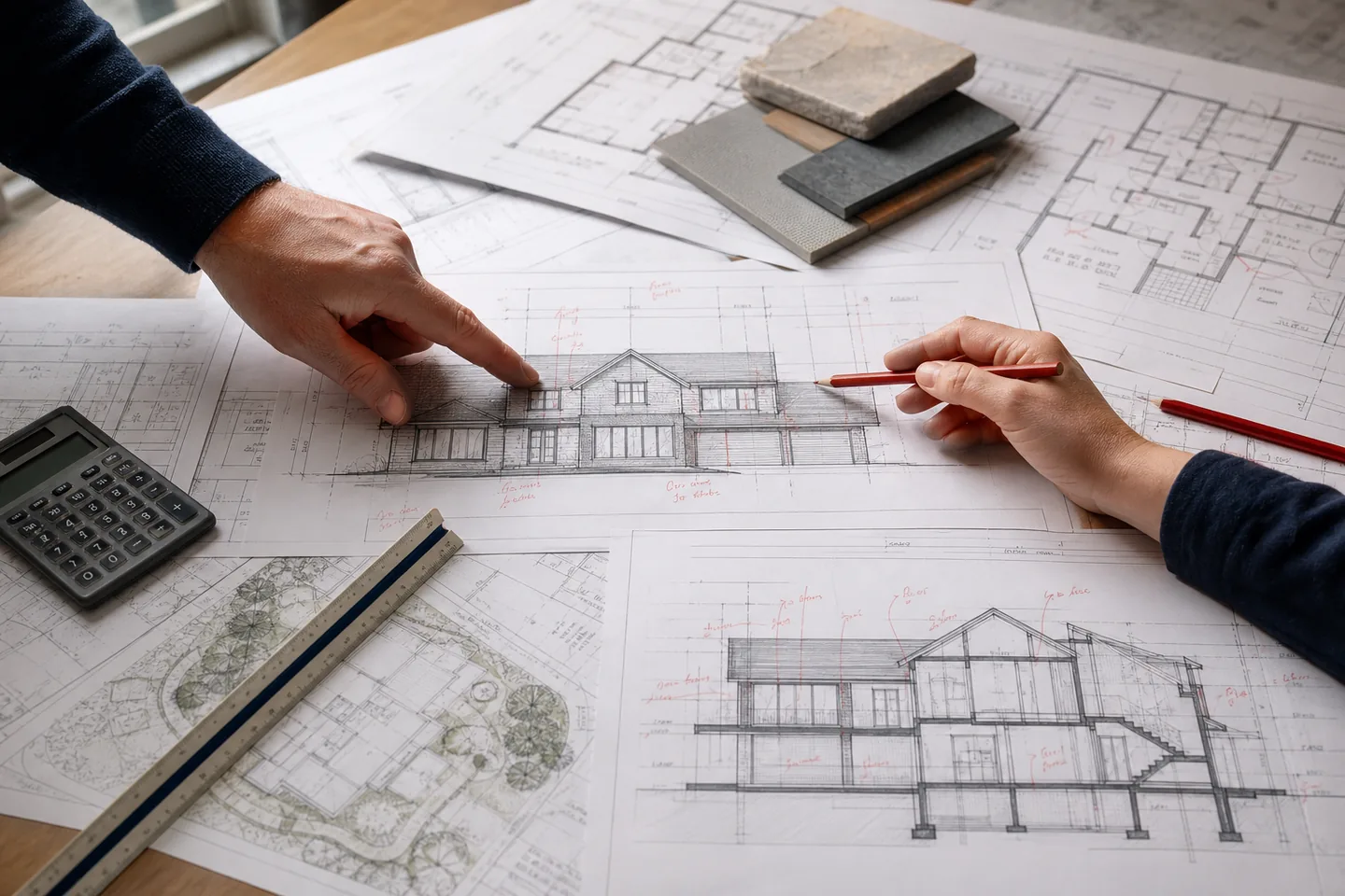 Custom home floor plans, elevations, sections, and site drawings being coordinated