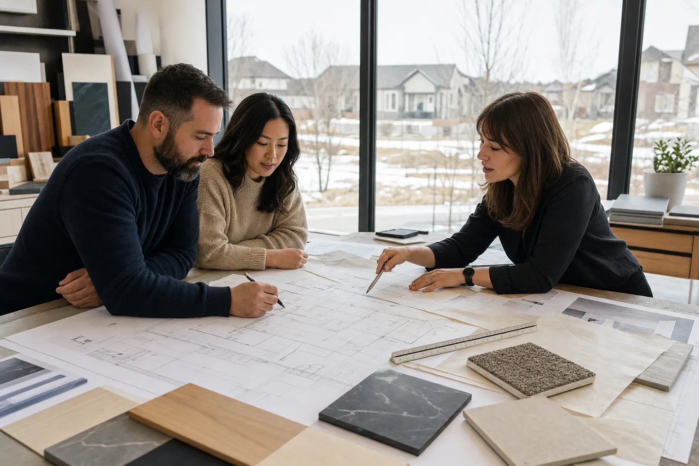 Custom home designers in Calgary reviewing floor plans and materials with homeowners