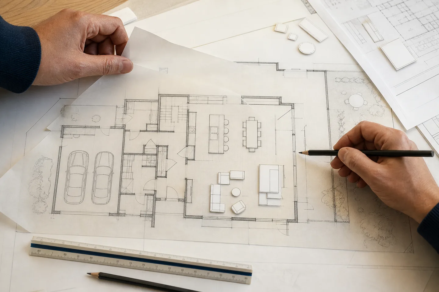 Custom home floor plan being reviewed for kitchen, mudroom, storage, furniture, and circulation