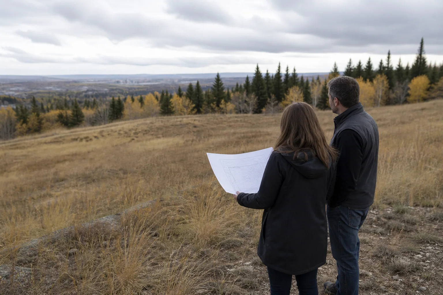 Designer and homeowner reviewing a site plan on a sloped Calgary-area property