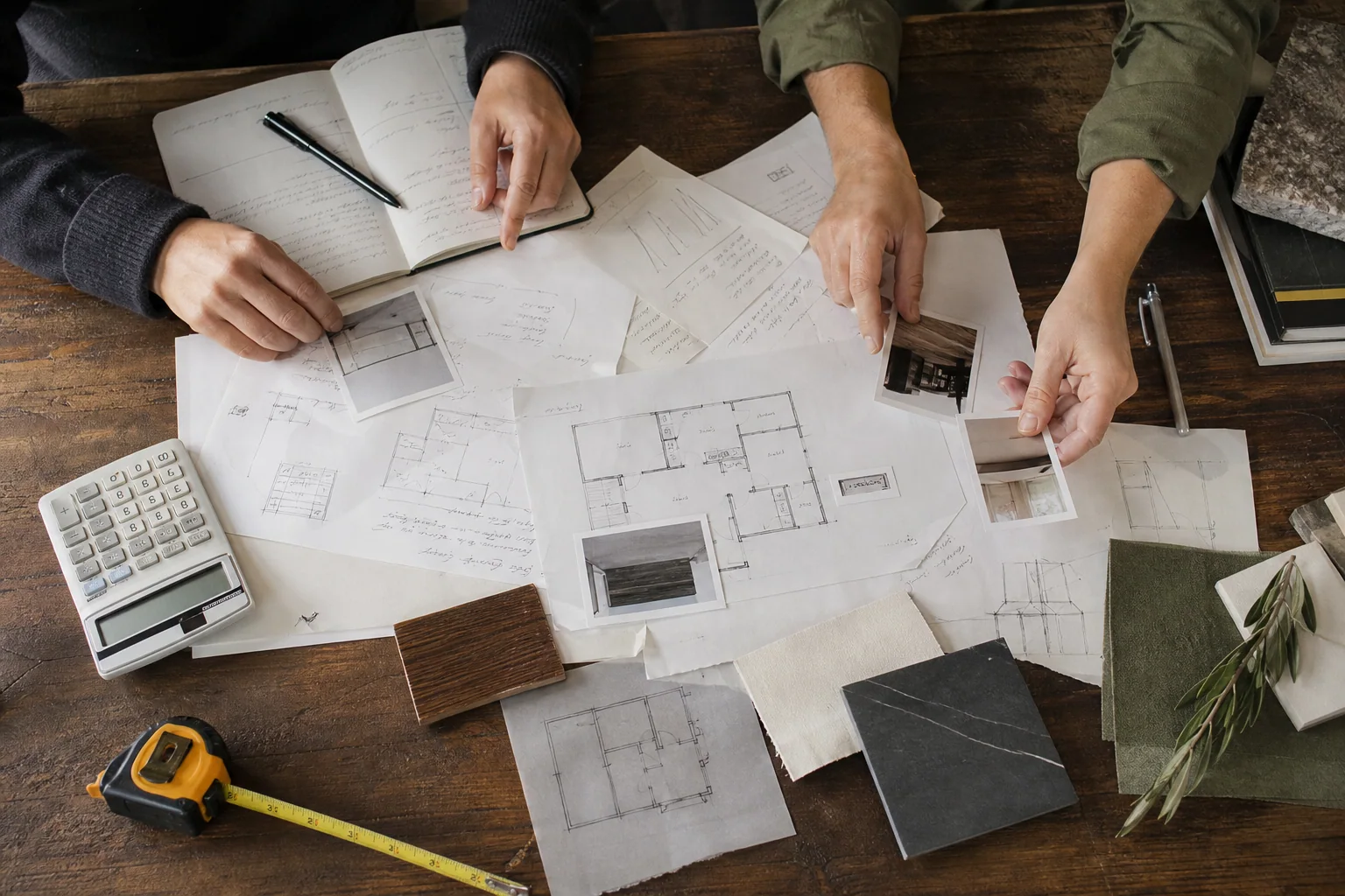 Homeowners sorting floor plans, budget notes, and material priorities before a custom home build