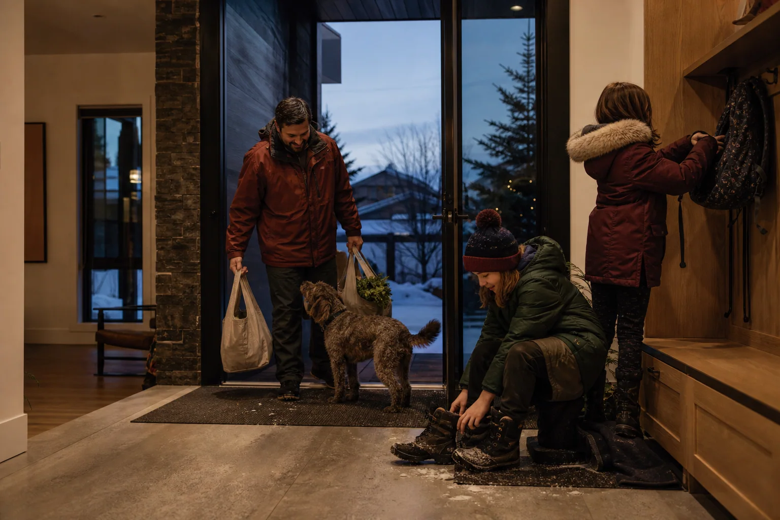 Calgary family arriving home with groceries, winter boots, backpacks, and a dog at a custom-designed entrance