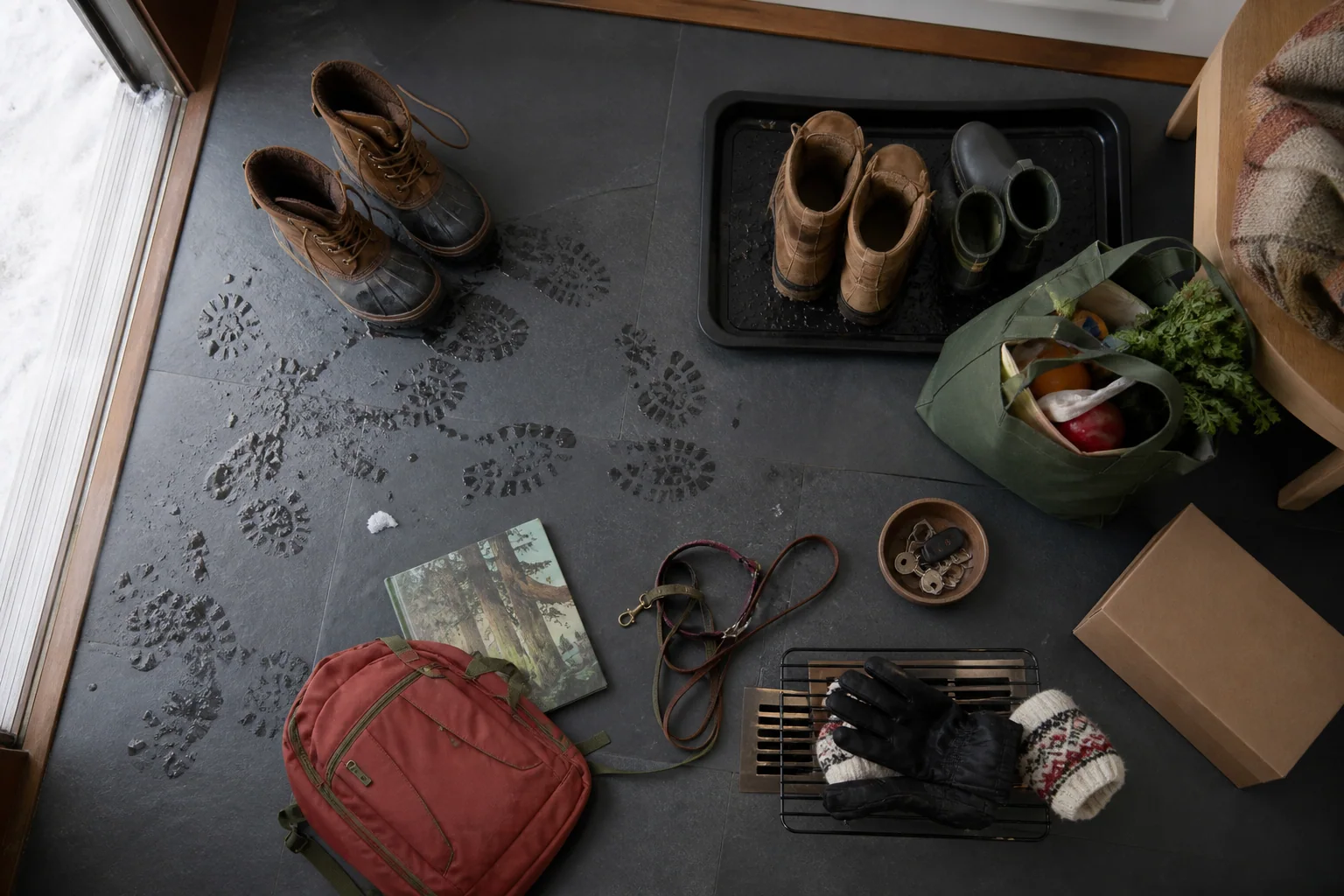 Winter boots, groceries, keys, backpack, dog leash, gloves, and parcel arriving on a Calgary entry floor