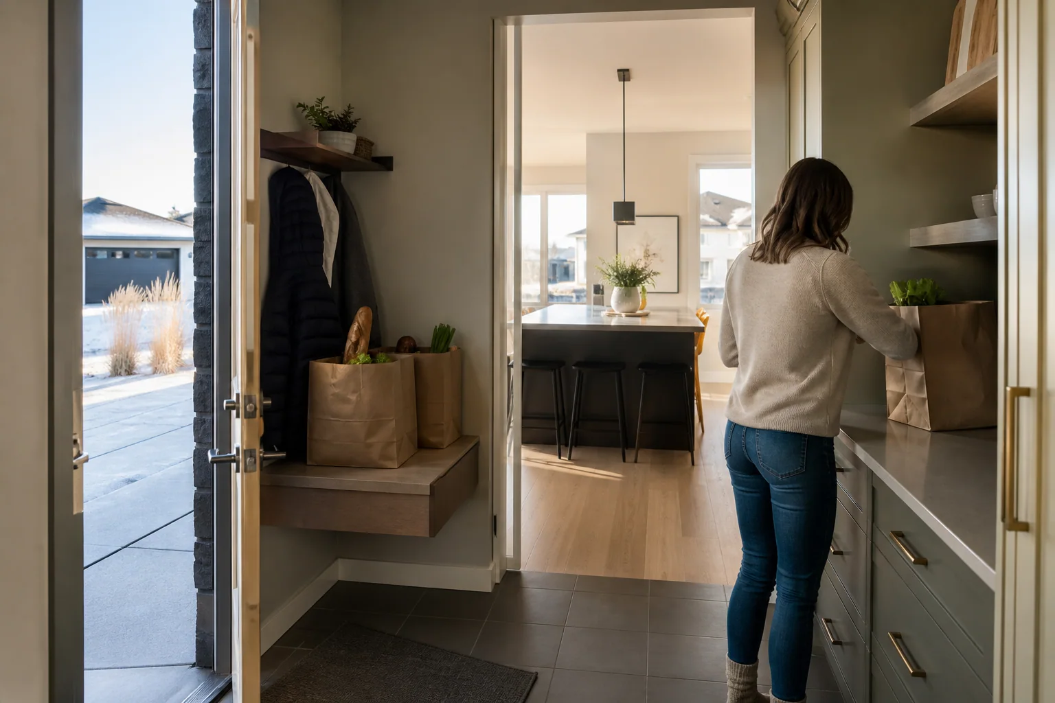 Short grocery route connecting a Calgary home's garage-side entrance, landing shelf, pantry, and kitchen