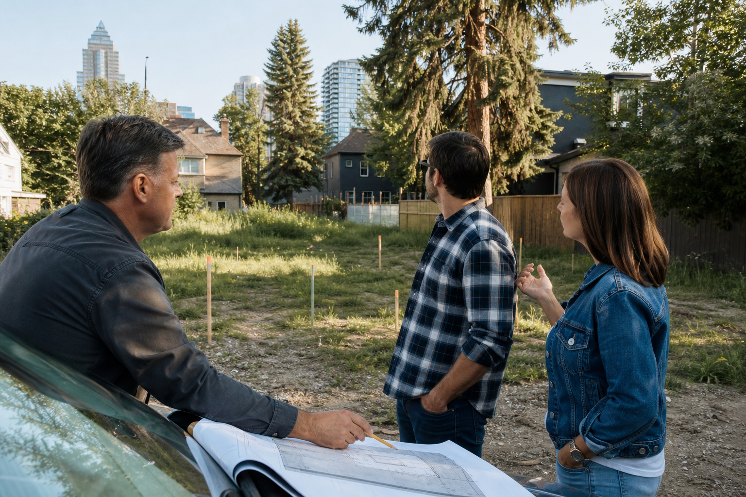 Residential designer and homeowners reviewing a Calgary lot, survey, and site conditions before planning the house
