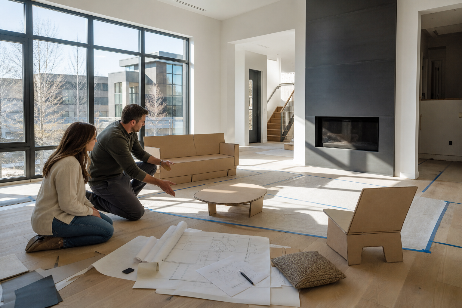 Designer and homeowner testing furniture placement, circulation, and daylight inside a Calgary home before construction is complete