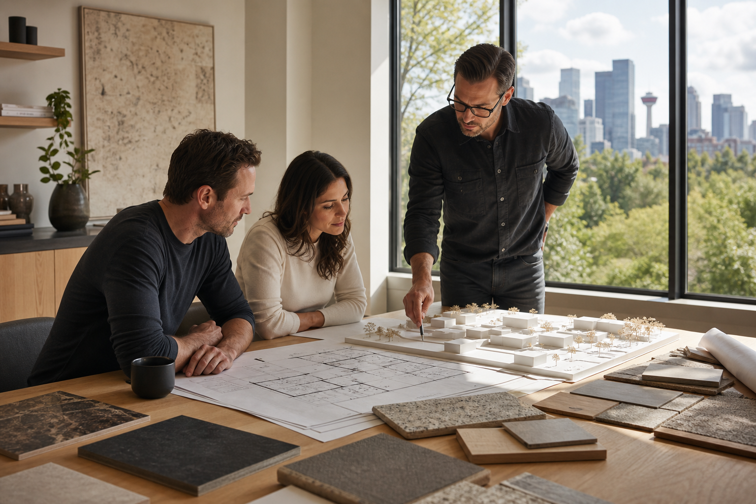 Home design in Calgary planning session with a residential designer, homeowners, a site model, and floor plans