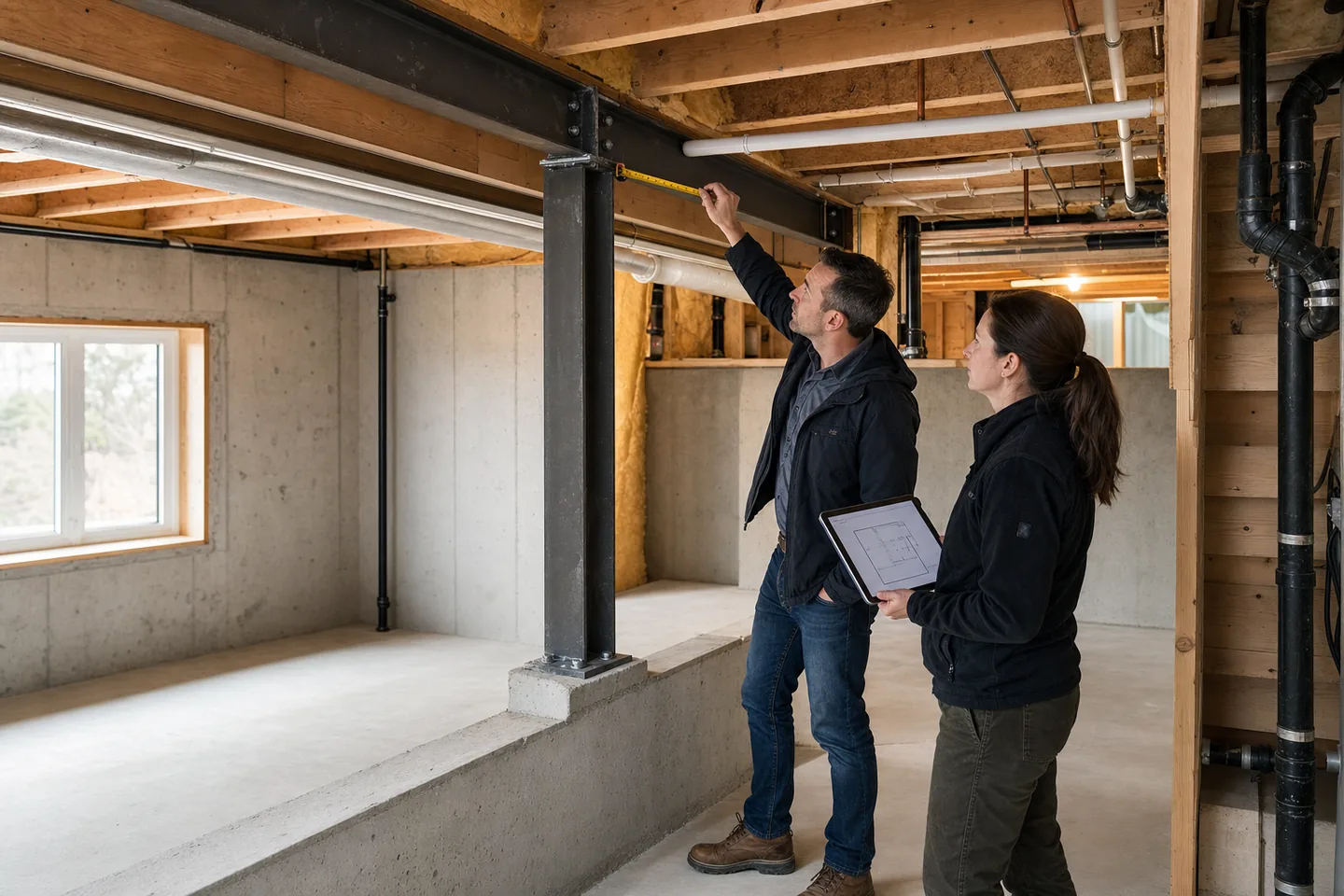 Residential designer and structural engineer measuring exposed beams in an existing Springbank home