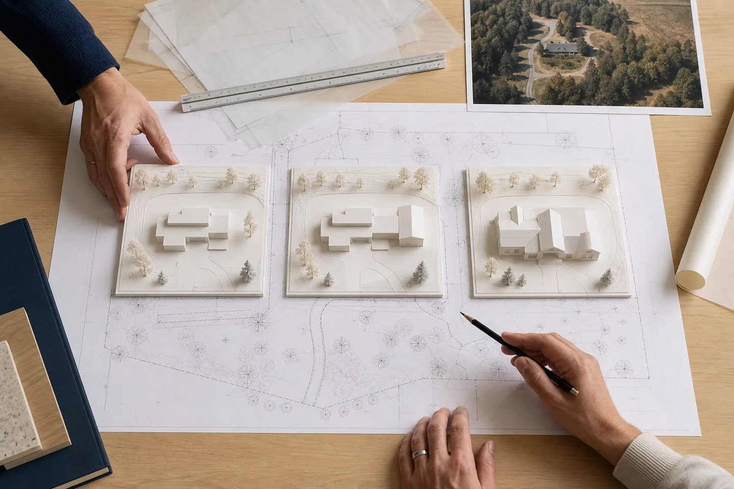 Three architectural massing models comparing renovation, addition, and rebuilding on a Springbank property survey