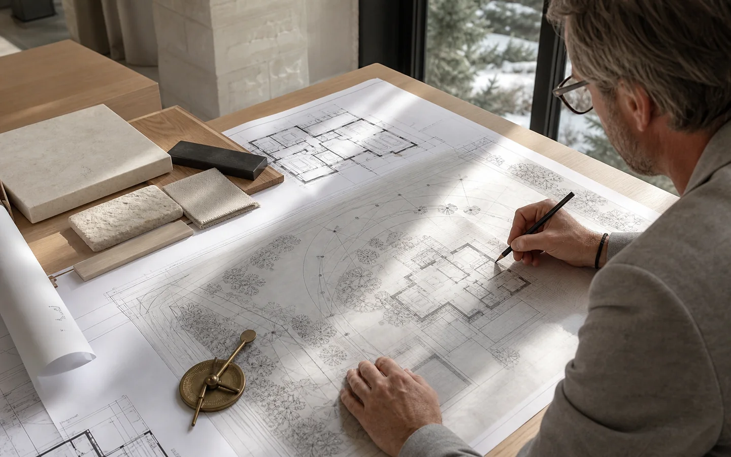 Residential designer reviewing a Calgary custom home site plan, floor plans, and material samples