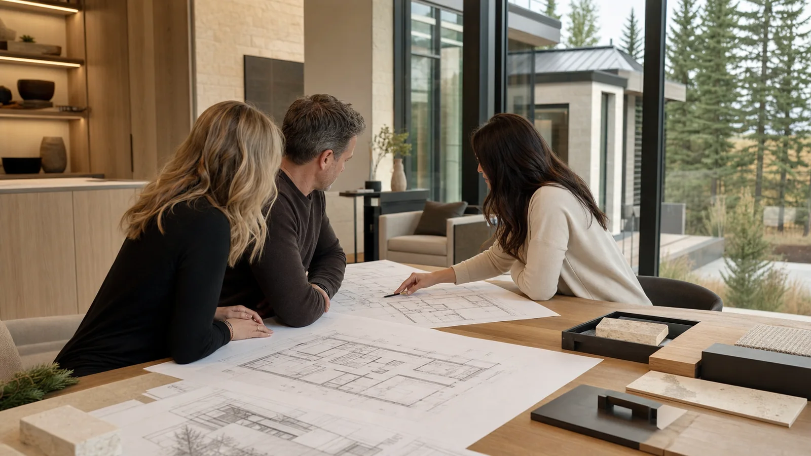 Calgary homeowners reviewing custom home drawings and material samples with a residential designer
