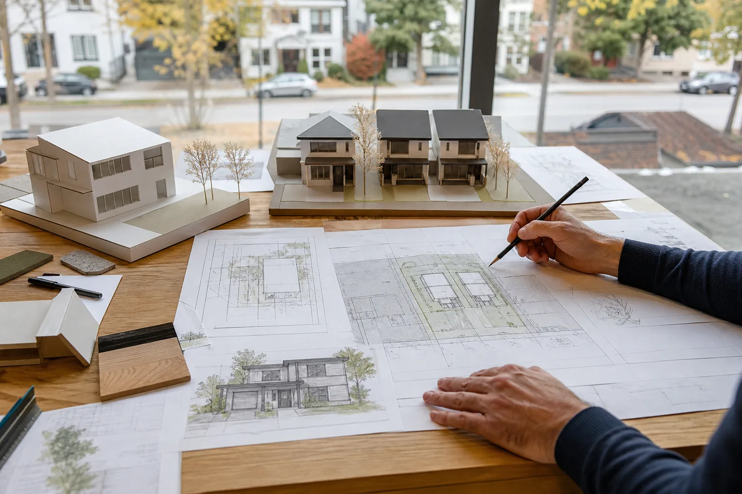 Architect reviewing Calgary infill site plans, lot studies, and scale massing concepts on a design table.
