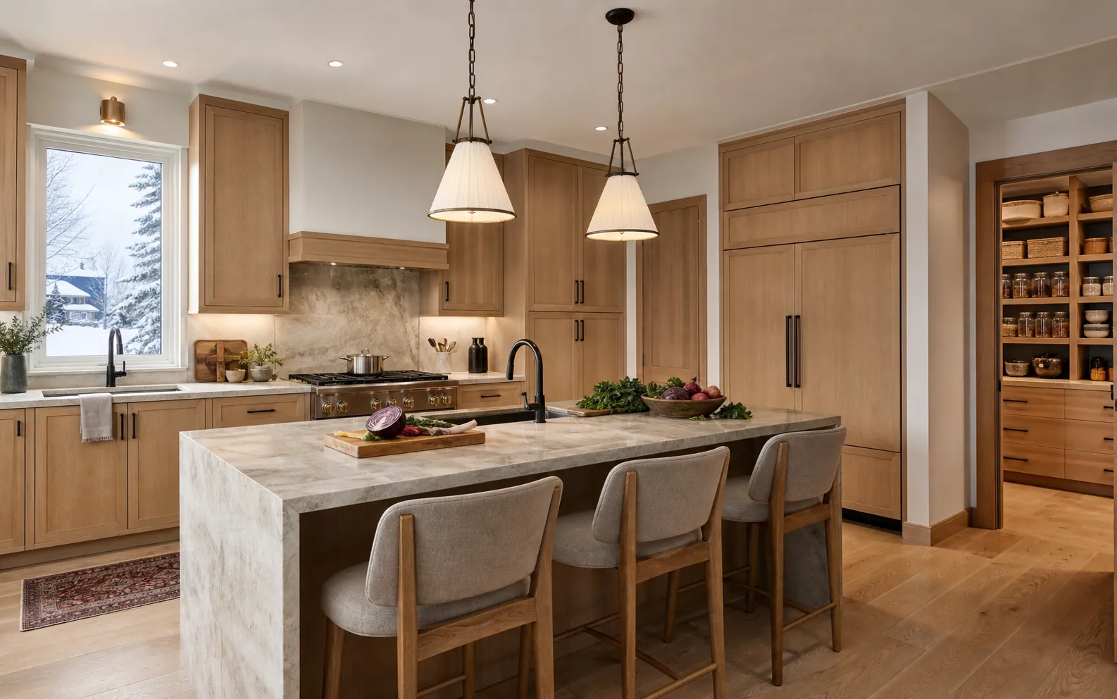 Calgary custom-home kitchen with a practical island, white oak cabinetry, integrated appliances, and an organized walk-in pantry
