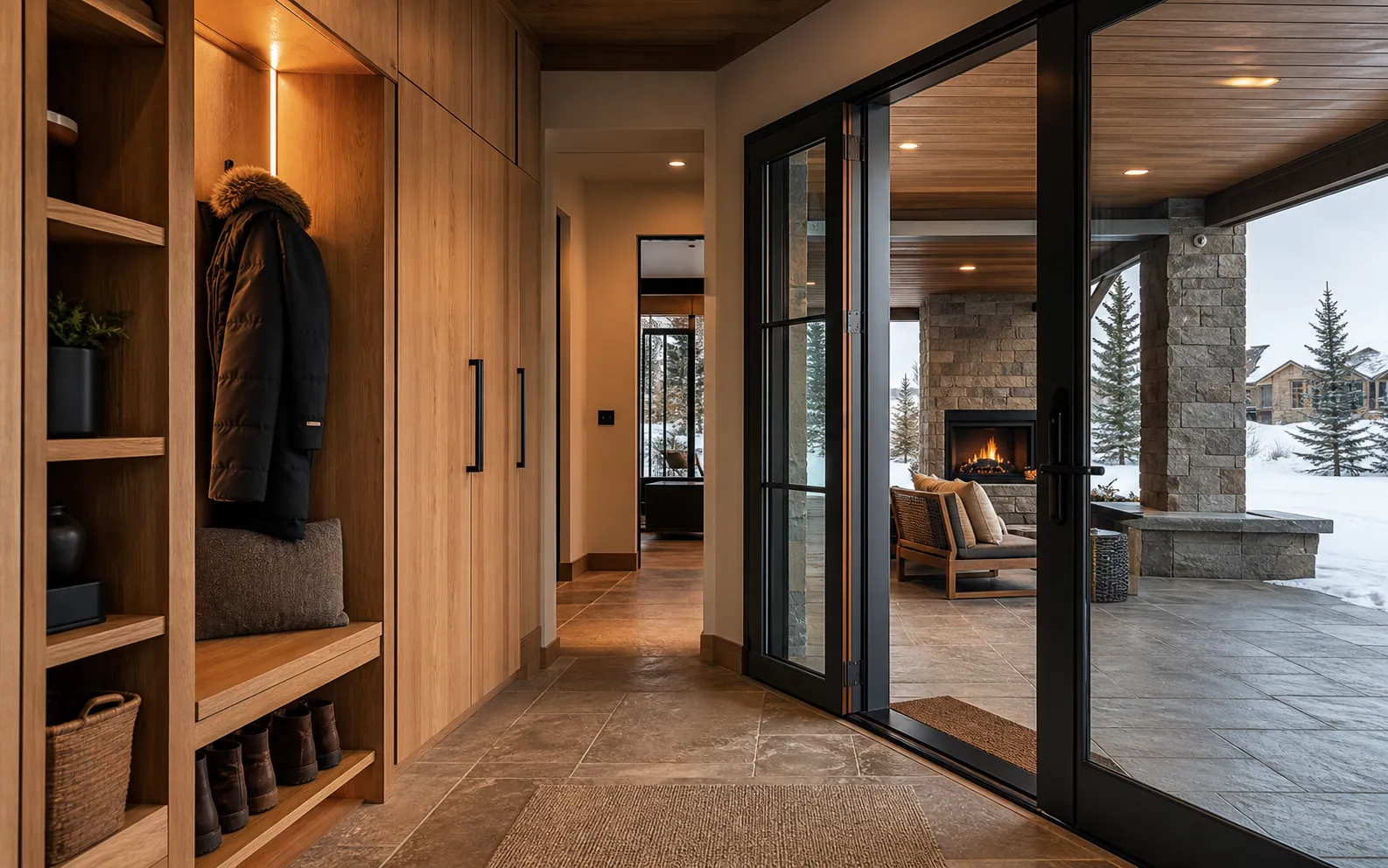 Calgary custom-home mudroom with closed oak storage opening to a sheltered stone patio and outdoor fireplace