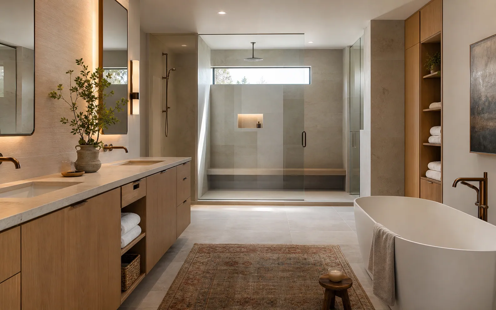 Warm Calgary spa bathroom with a walk-in shower, clerestory window, heated limestone floor, and white oak storage