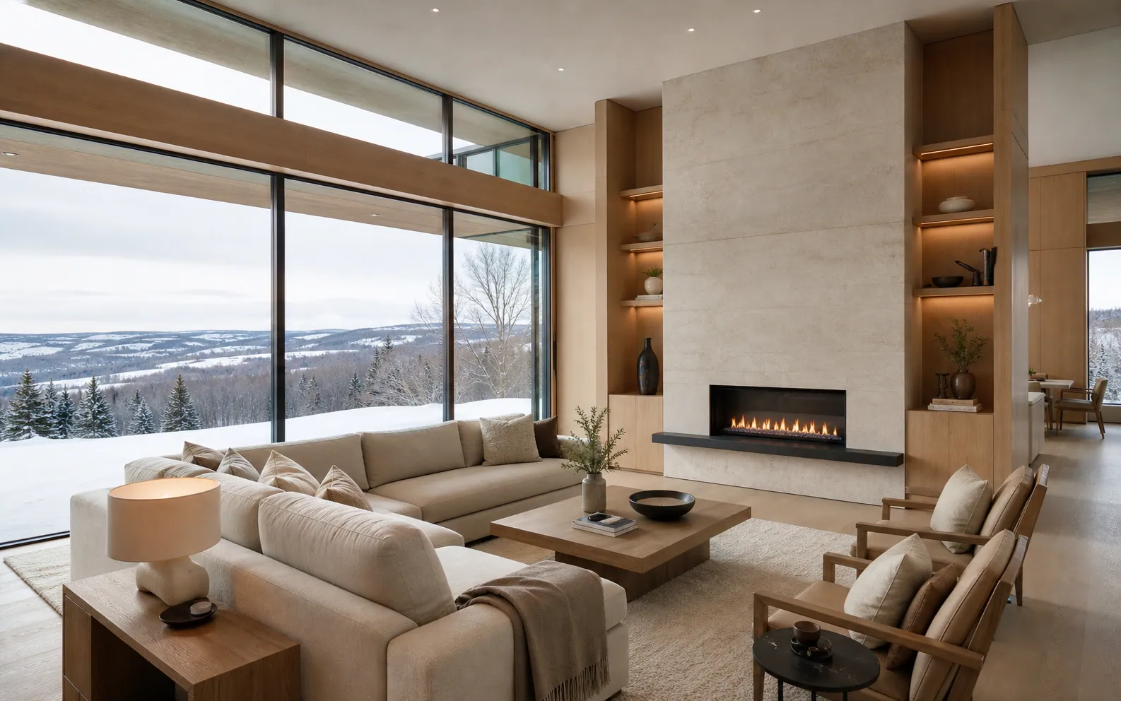 Warm Calgary custom-home living room with high-performance windows, winter views, white oak, and a limestone fireplace