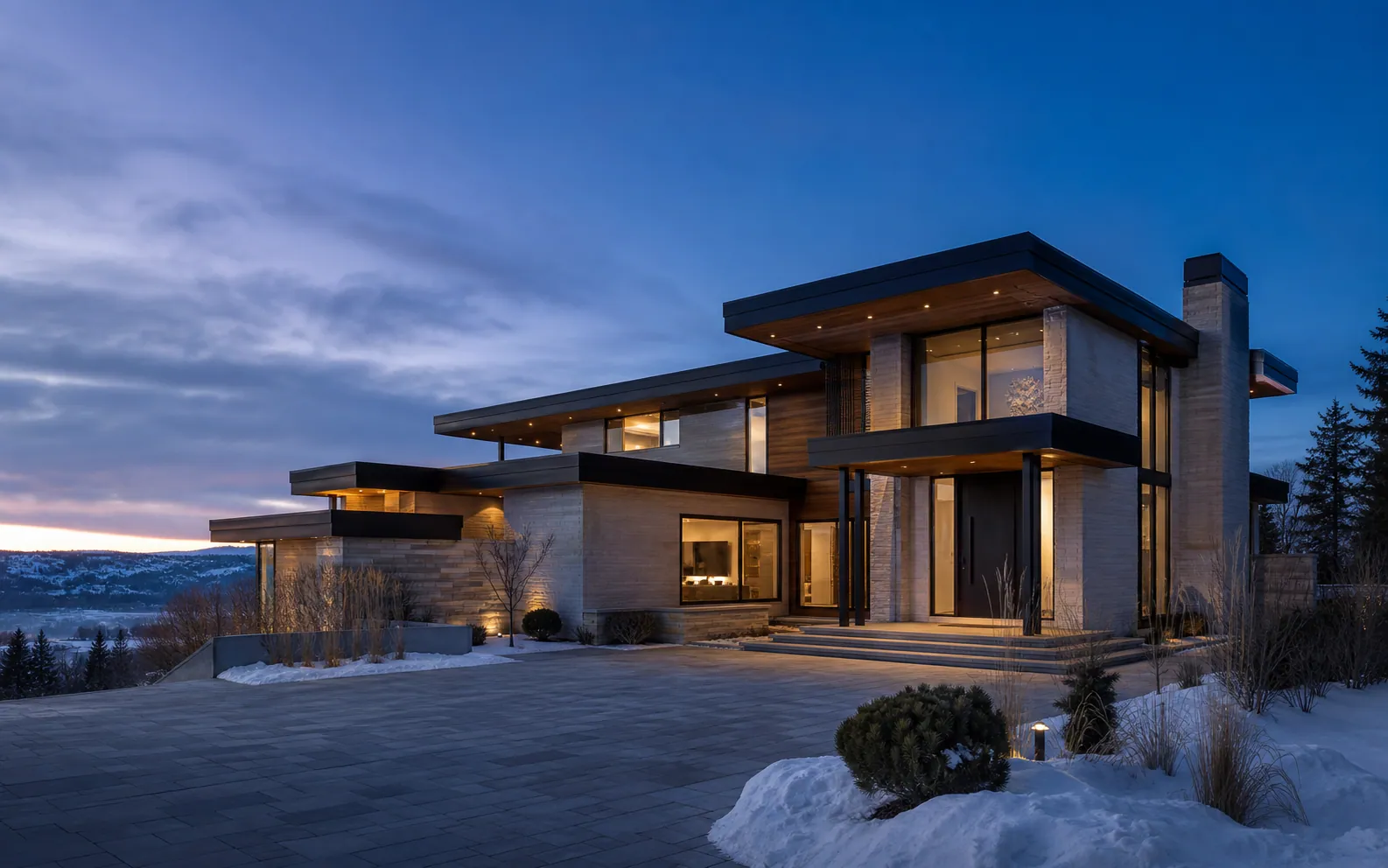 Contemporary Calgary luxury home with warm timber soffits, natural stone, deep overhangs, and winter landscaping