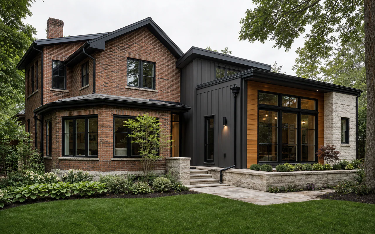 Contemporary Calgary home addition joined to an original brick residence with coordinated rooflines and windows