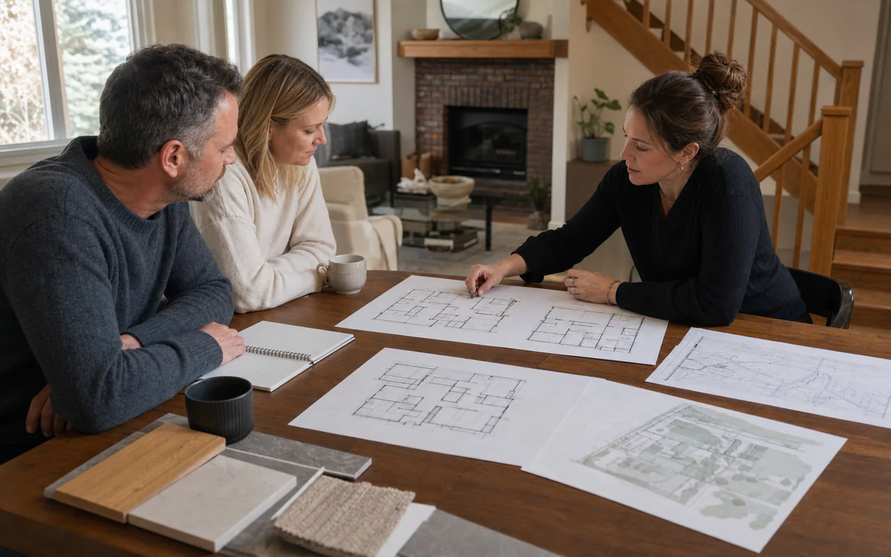 Calgary homeowners and a residential designer reviewing existing and proposed renovation floor plans