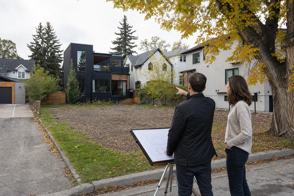 Residential home designer and homeowner reviewing a Calgary infill lot, lane access, grade, trees, and neighbouring homes