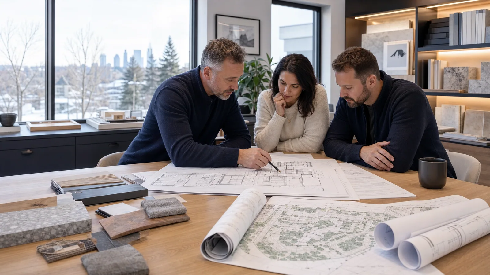 Calgary home designer and homeowners reviewing residential floor plans and site information in a design studio