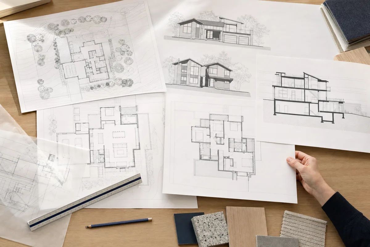 Coordinated residential drawing package with site plan, floor plans, elevations, building section, and material samples