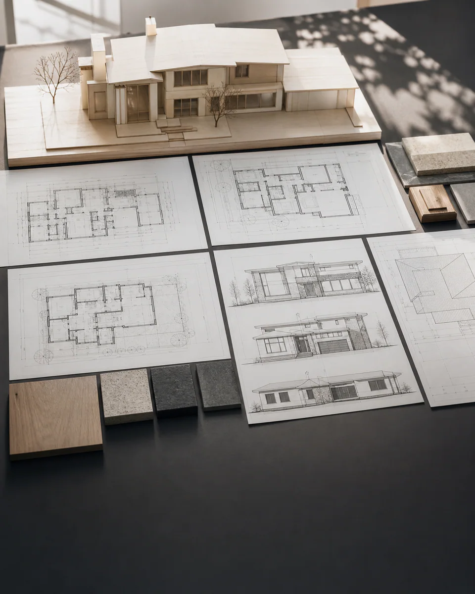 Custom home model with coordinated floor plans and exterior elevations