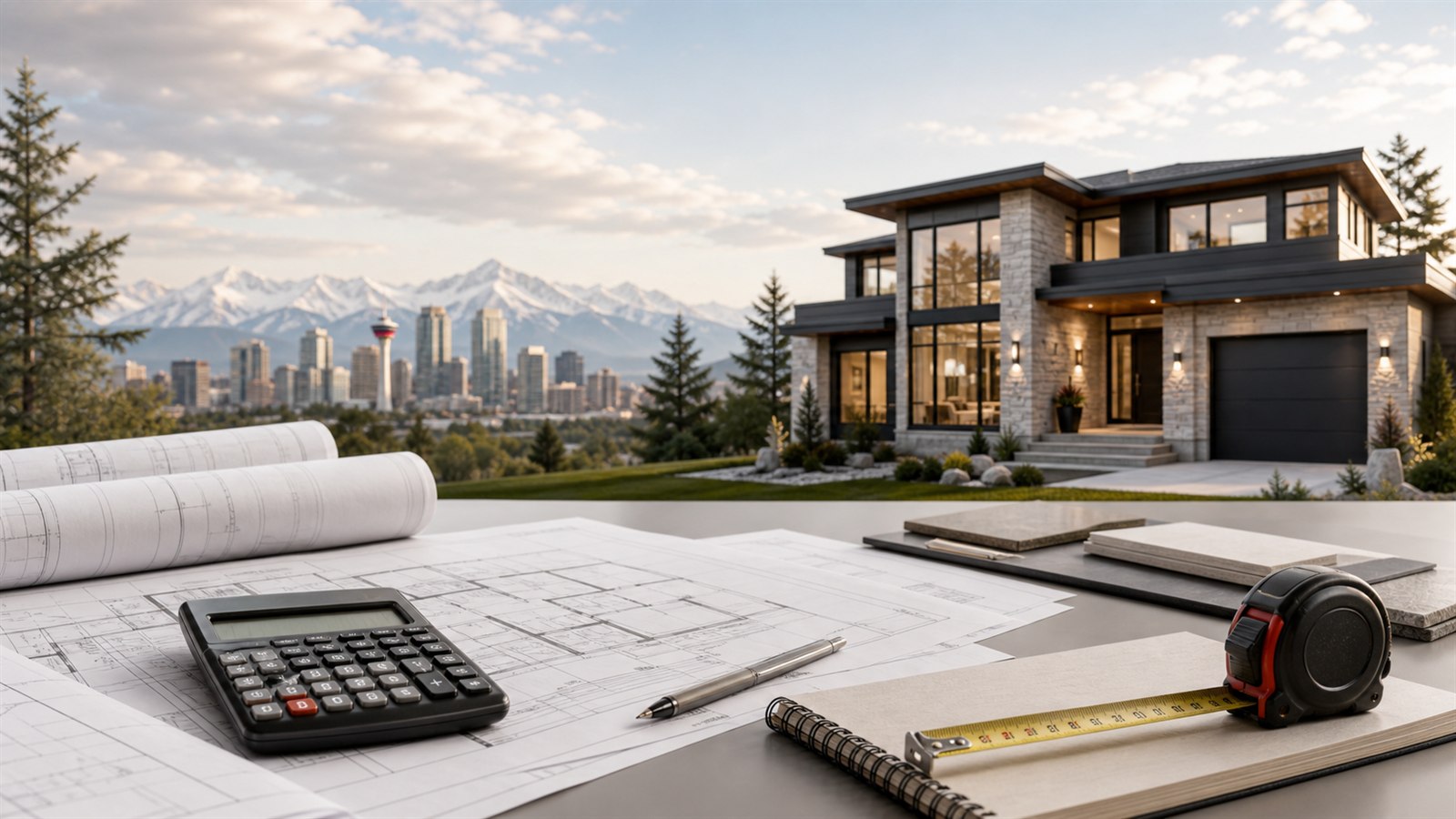 Custom home design Calgary planning table with drawings, measuring tools, and a modern home in the background