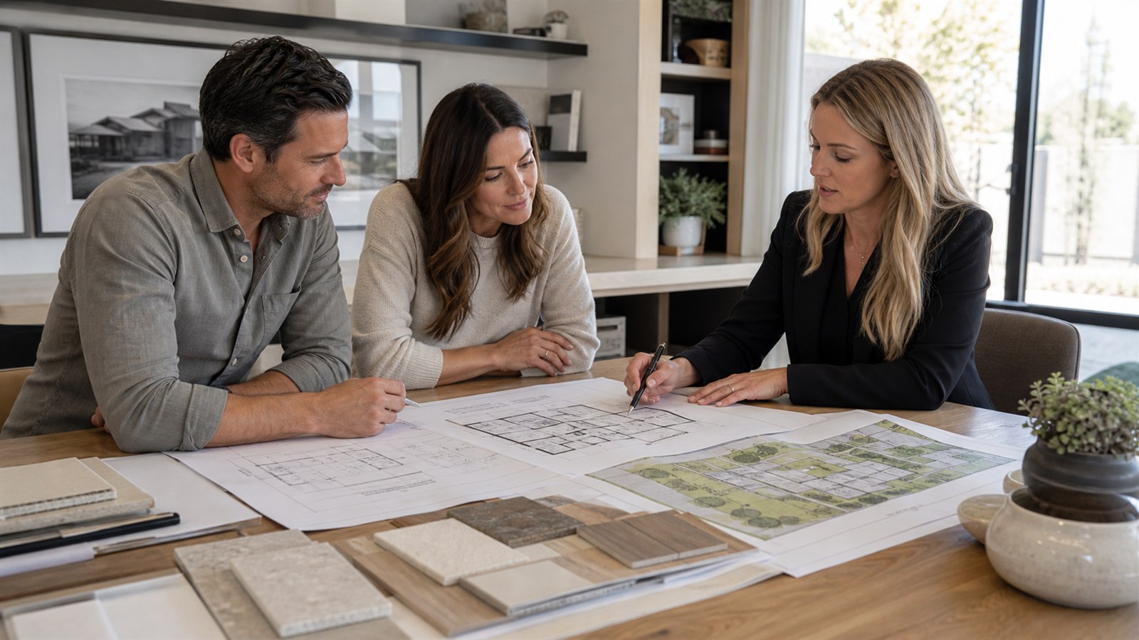 Custom home designers Calgary reviewing floor plans with homeowners