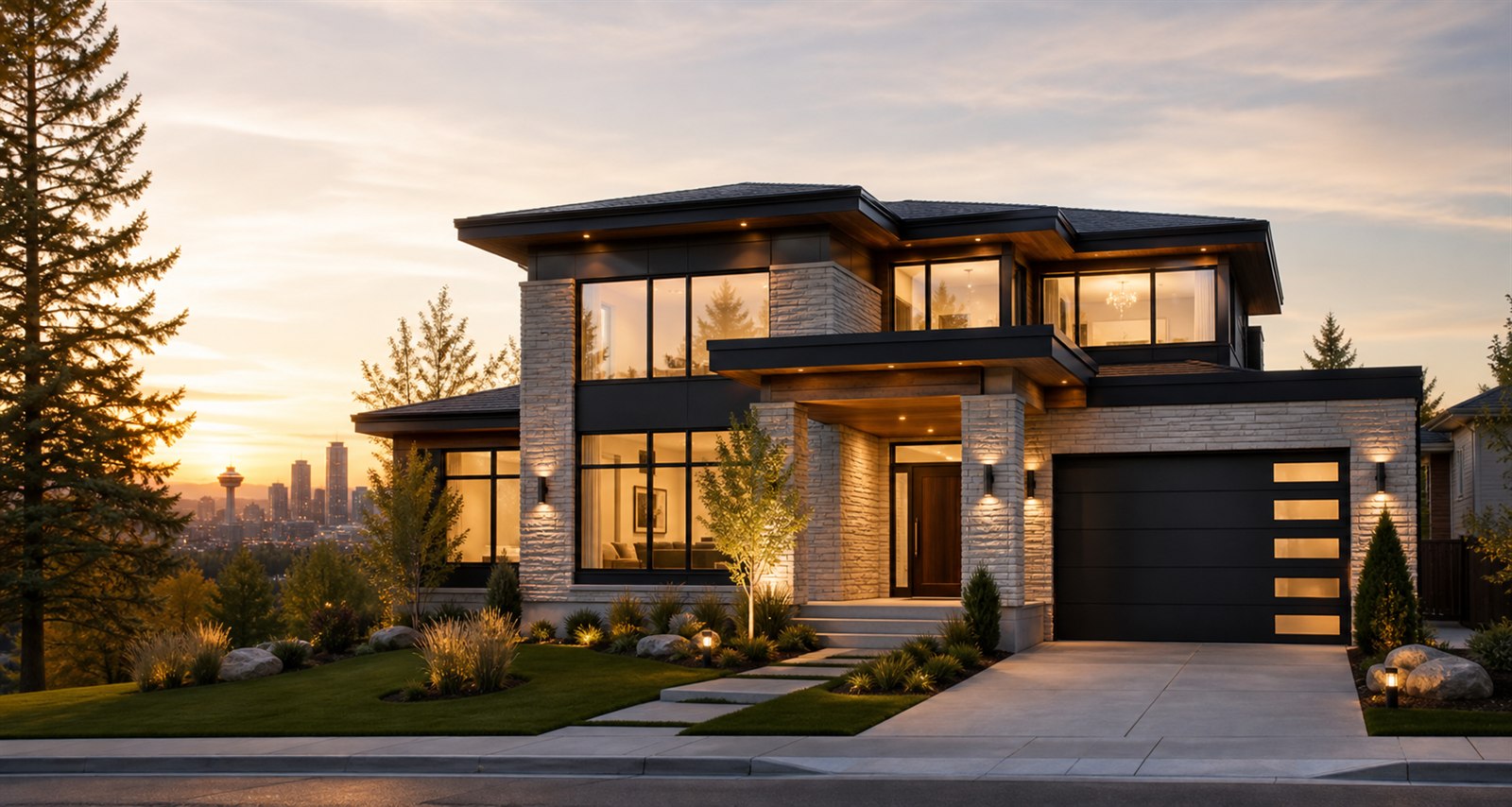 Luxury custom home design Calgary with modern exterior, large windows, and landscaped surroundings