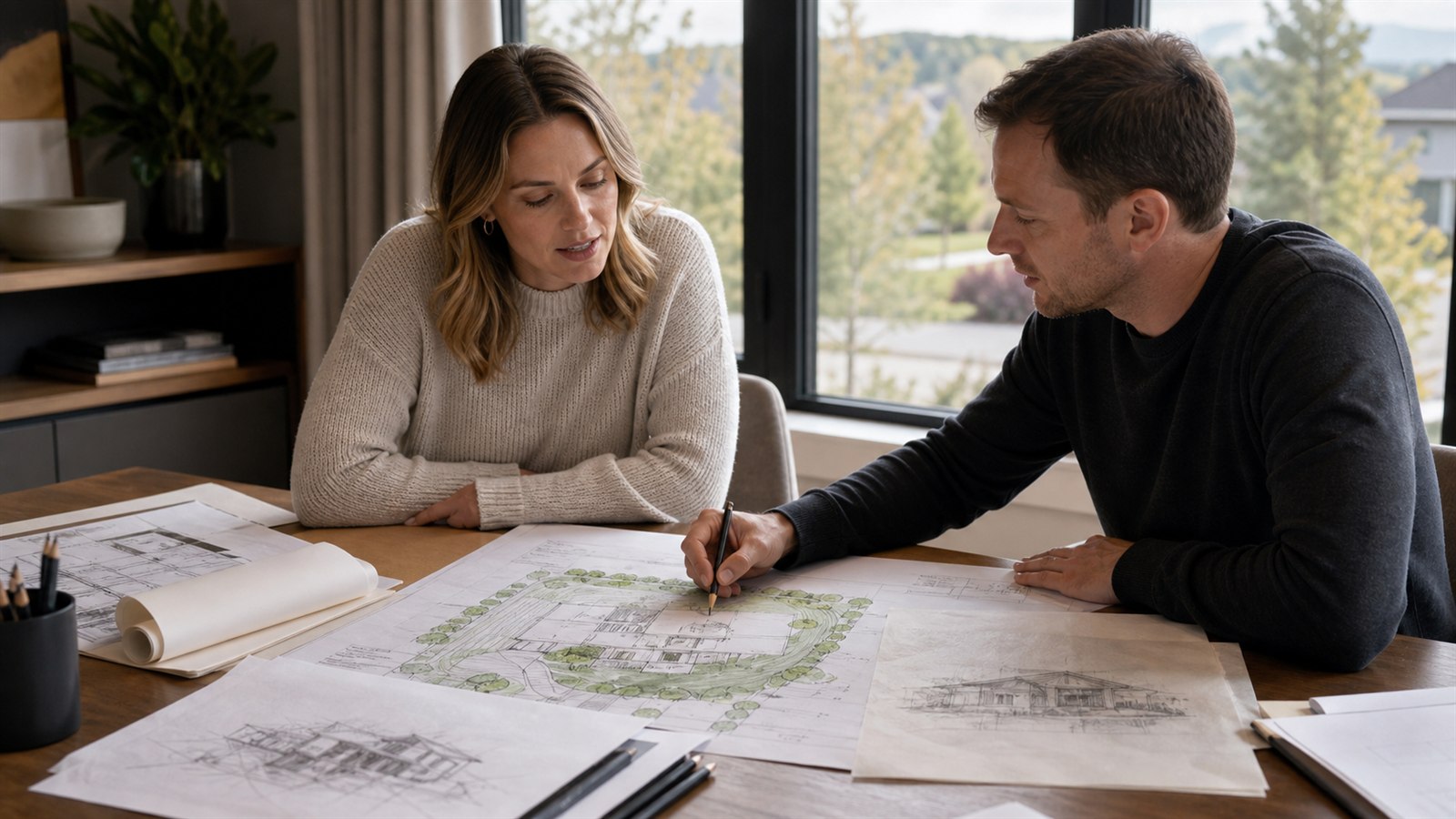 Custom home designers Calgary reviewing site plan and floor plan sketches with homeowners