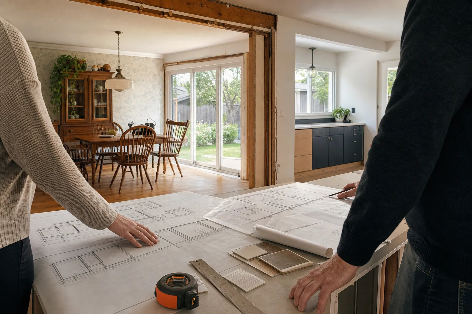 Conceptual renovation plan review inside an existing Calgary home with an exposed wall opening