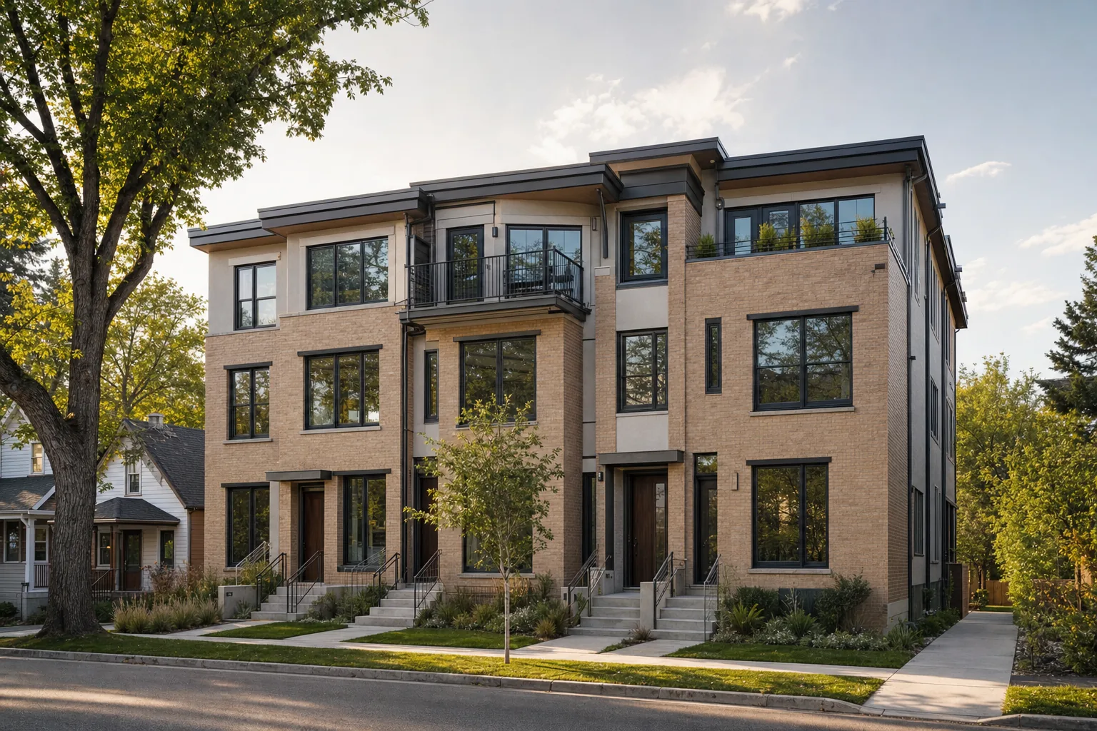 Conceptual Calgary fourplex street elevation with individual entrances and a unified brick exterior