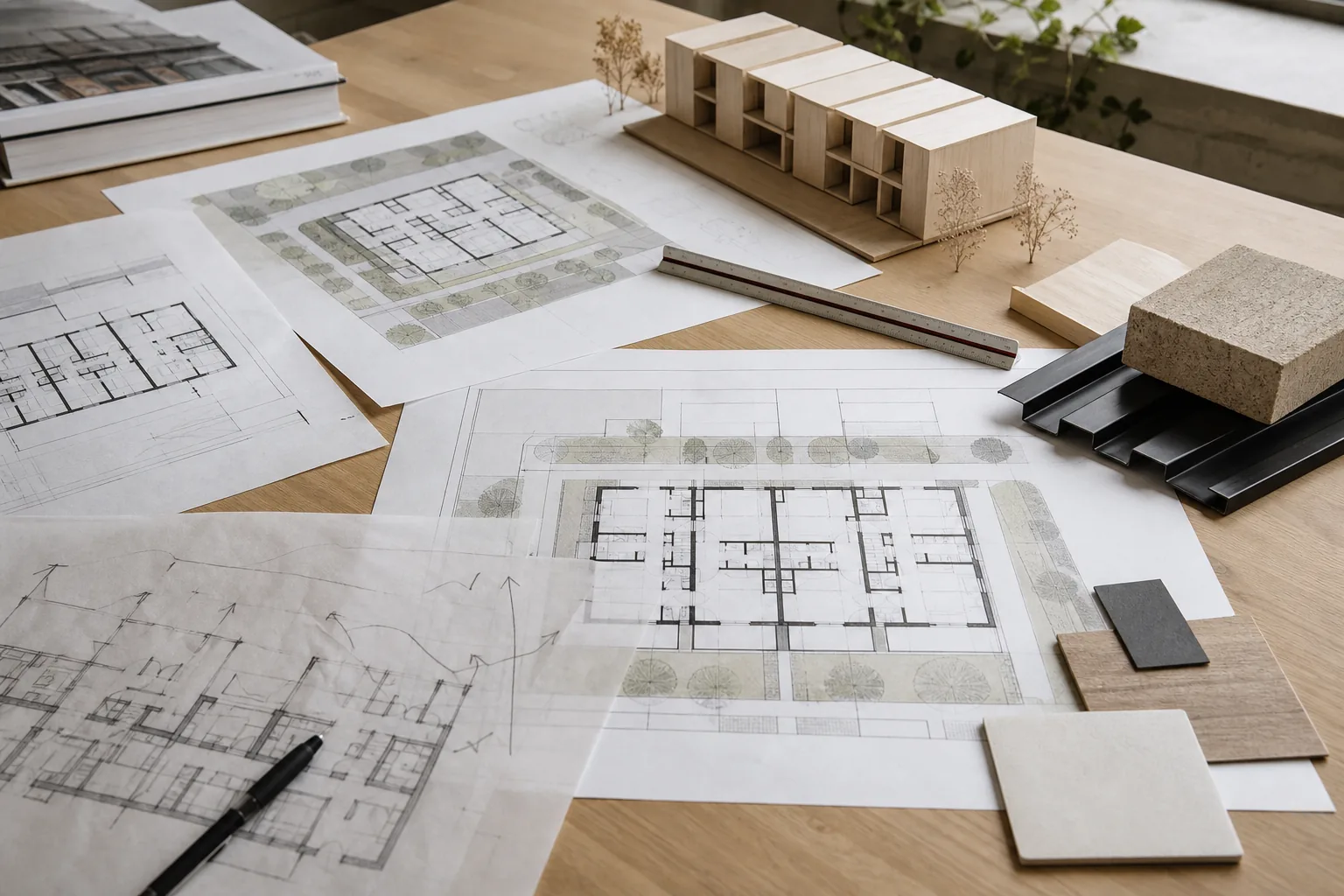 Conceptual fourplex site plan, unit drawings, material samples and massing model on an architect's table